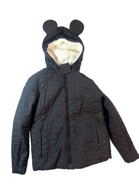 Disney Mickey Mouse Black Quilted Jacket Mickey Icon Ears Coat Sherpa Lined